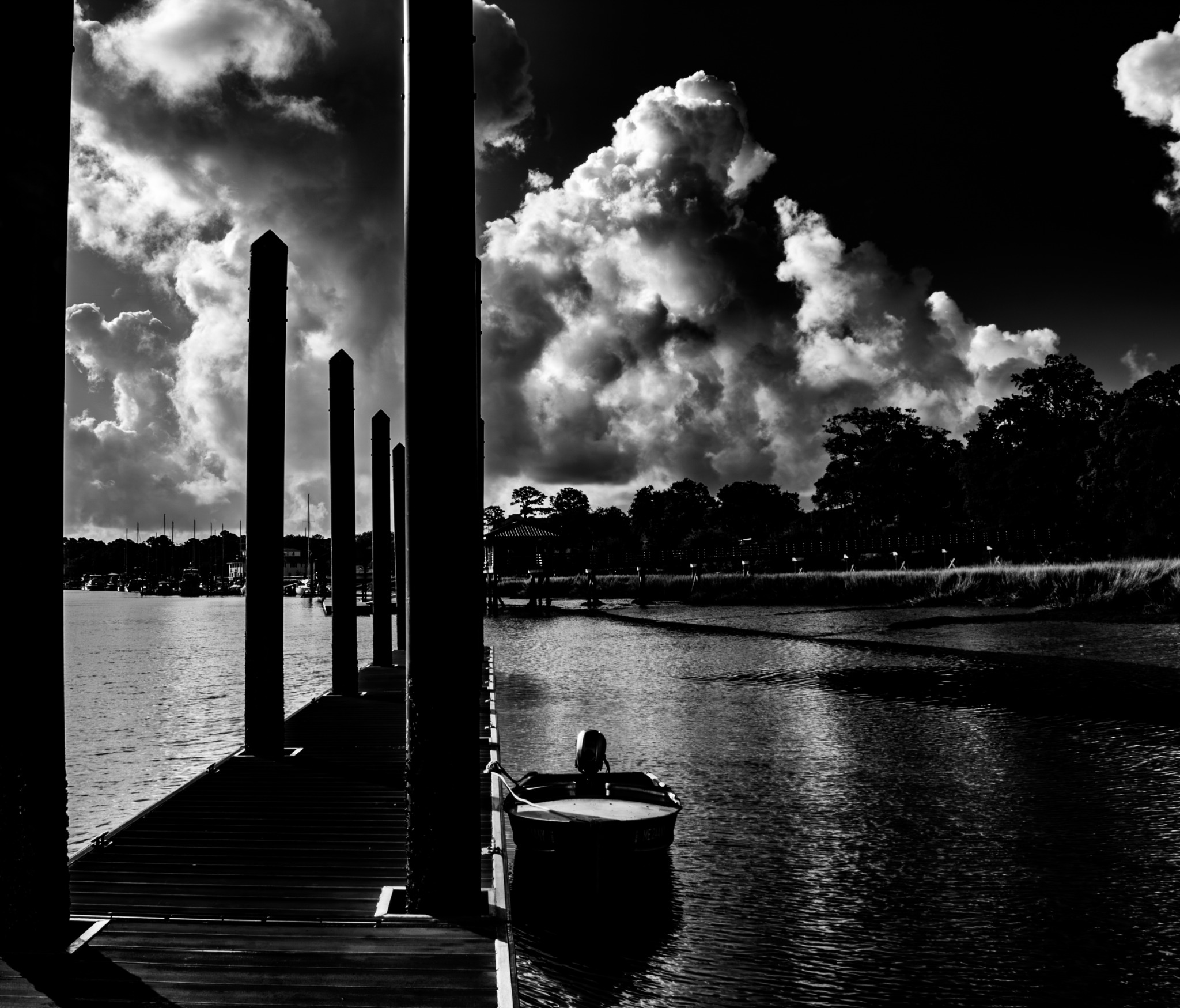 A narrow dock and vertical pilings beneath towering storm clouds